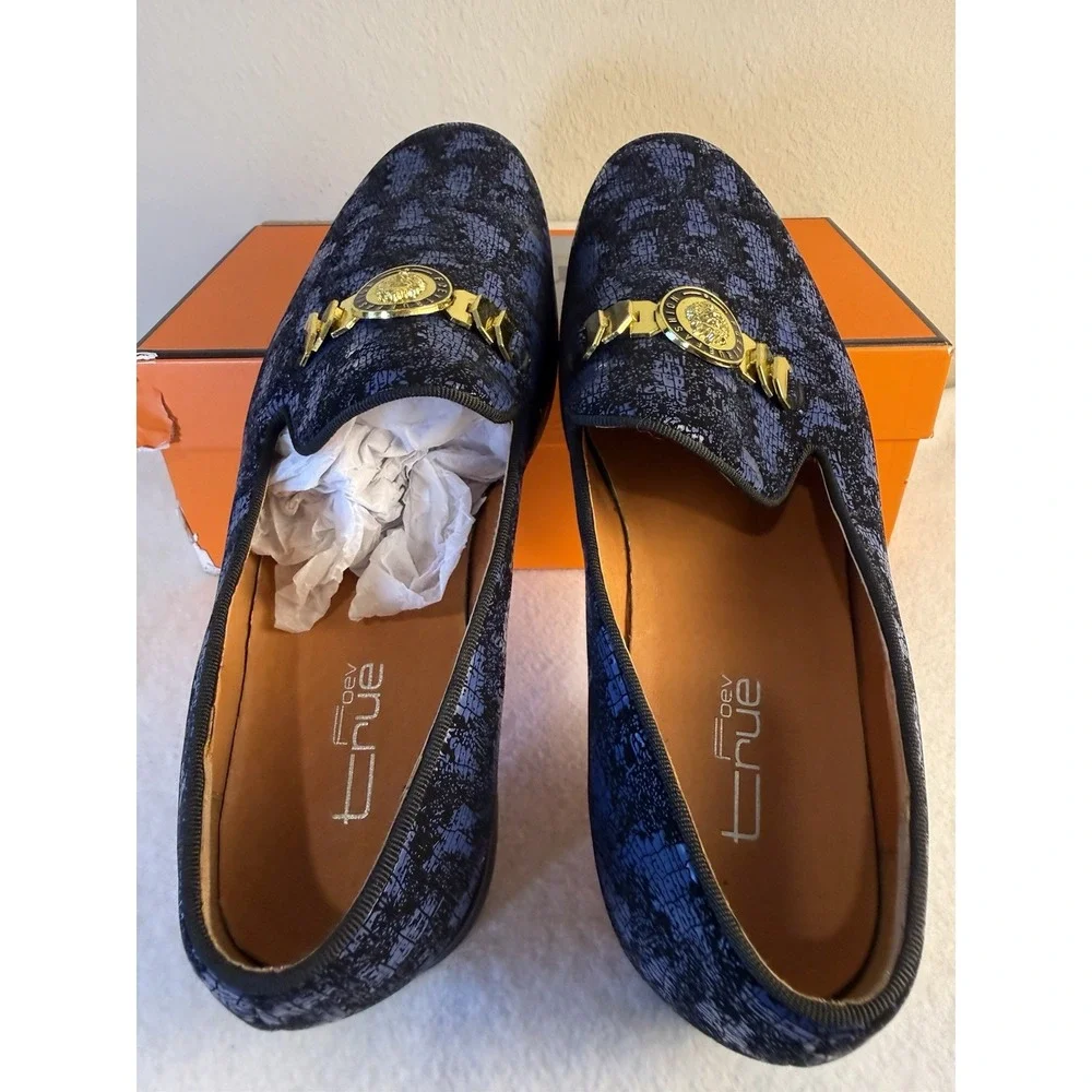FOEVTRUE Men's Slip On Dress Loafers 10.5 Black Blue Gold Medallion Buckle Forma